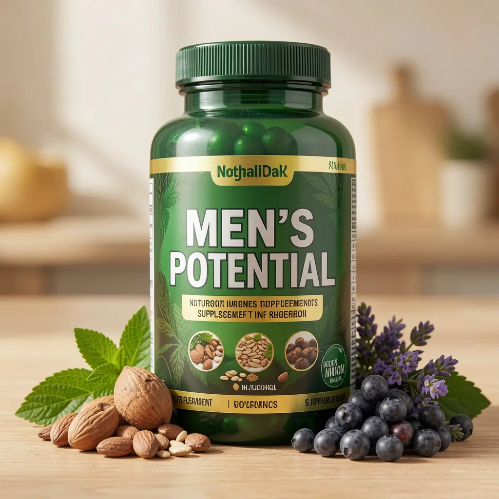 Men's Potential supplement bottle with natural ingredients displayed